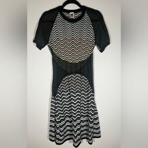 M Missoni black gold metallic mesh zigzag SS dress fit n flare sz 46(12) sheer